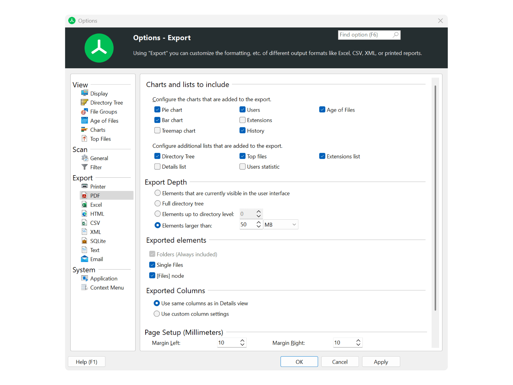 Export wizard generating formatted storage analysis reports